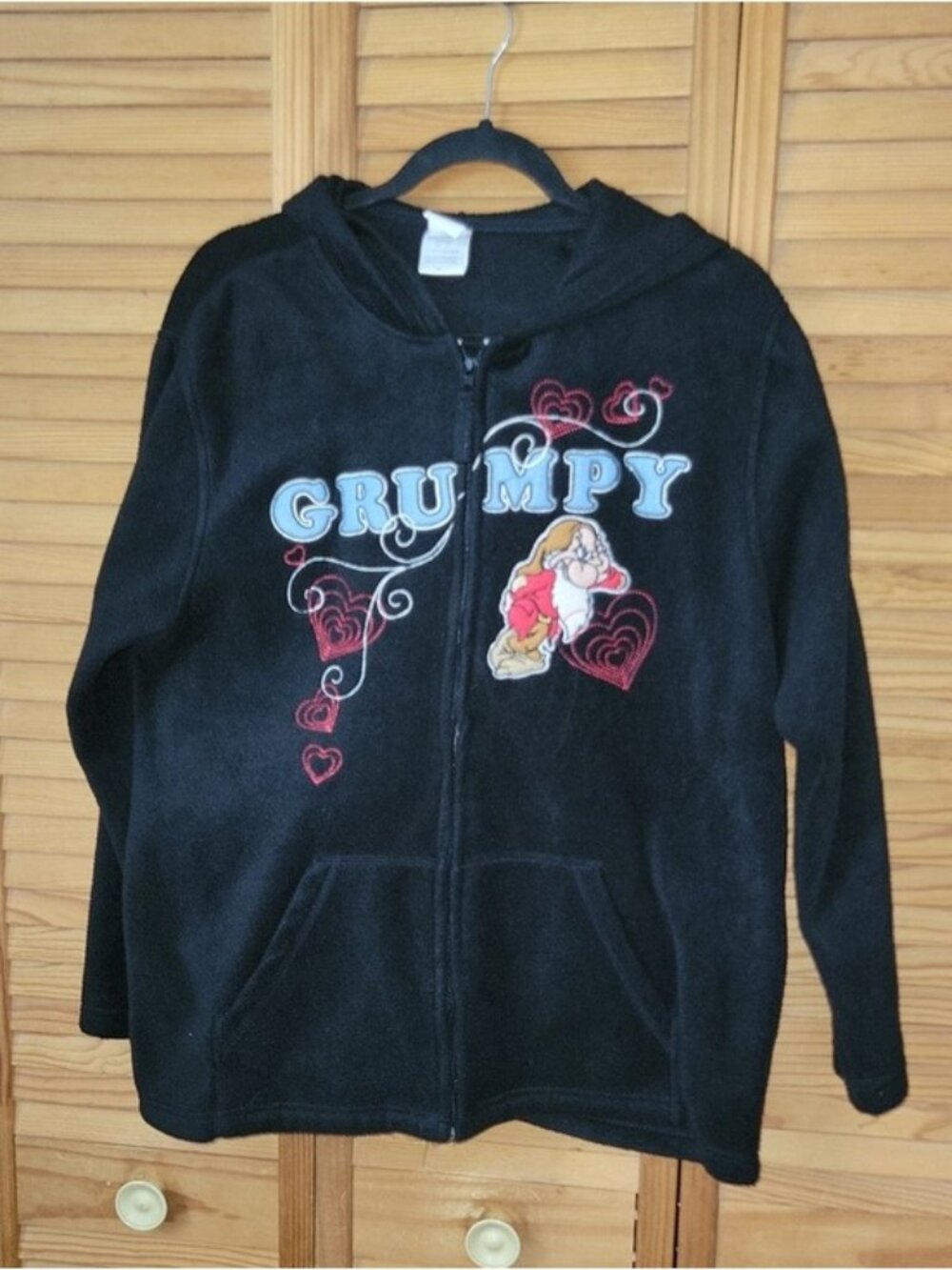 Disney Grumpy Full Zip Fleece Hoodie Black Embroidered Hearts Plus Size 1X